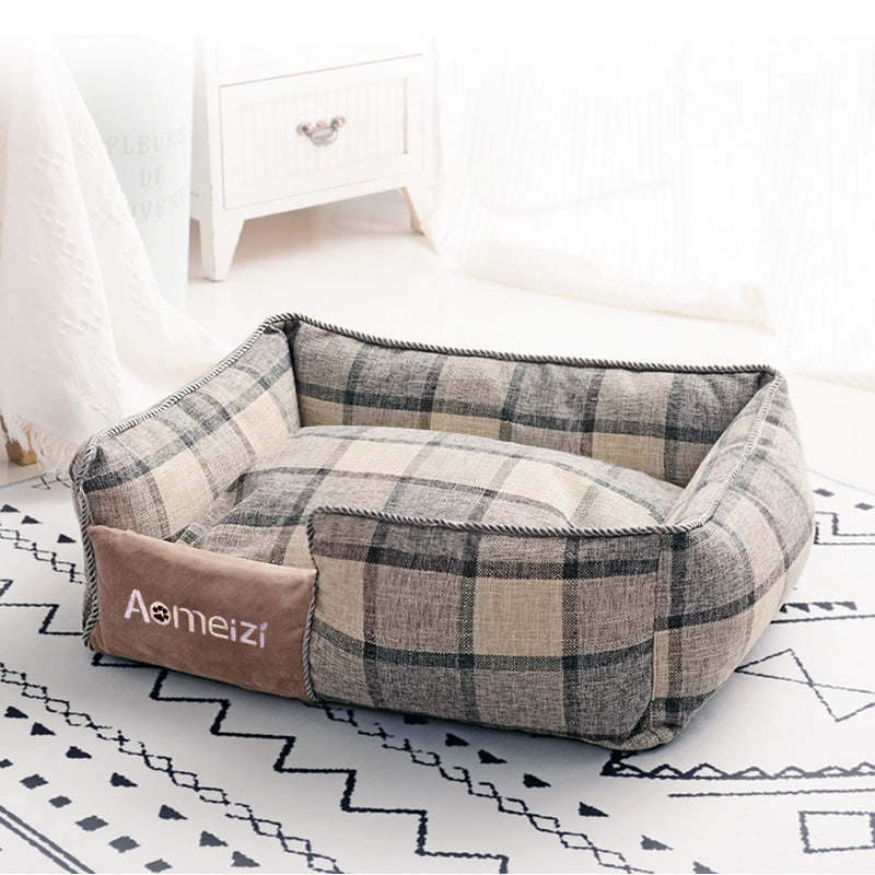 Velvet Plaid Pet Bed | Washable Mat | Blue, Gray & Red | Sizes S–L