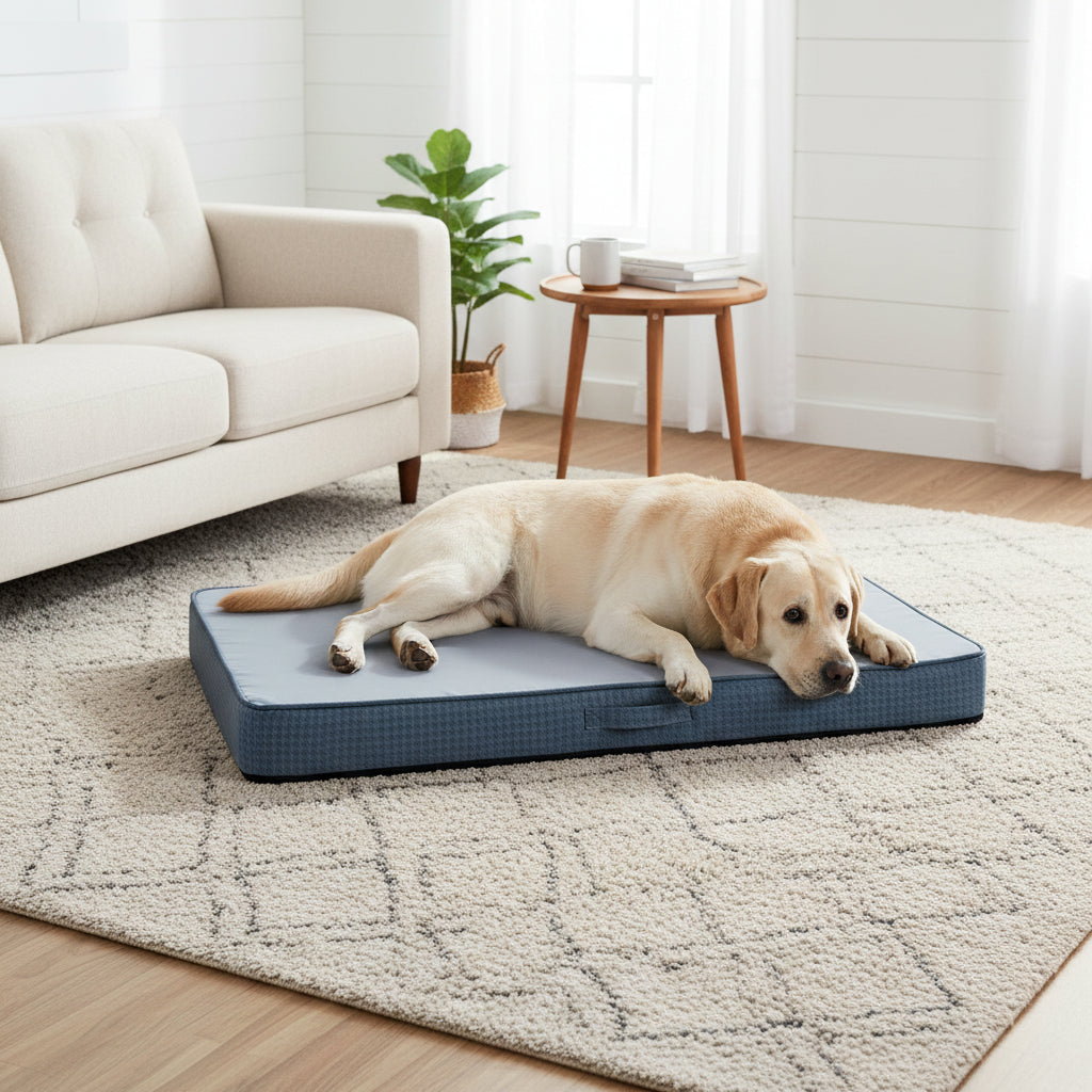 Dog lying on a blue pet bed with 'WEVEGO' branding on a white background