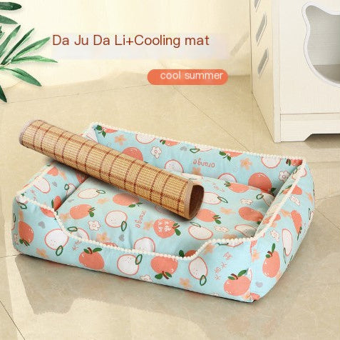Cooling mat with peach pattern and bamboo roller on a light background