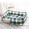 Velvet Plaid Pet Bed | Washable Mat | Blue, Gray & Red | Sizes S–L