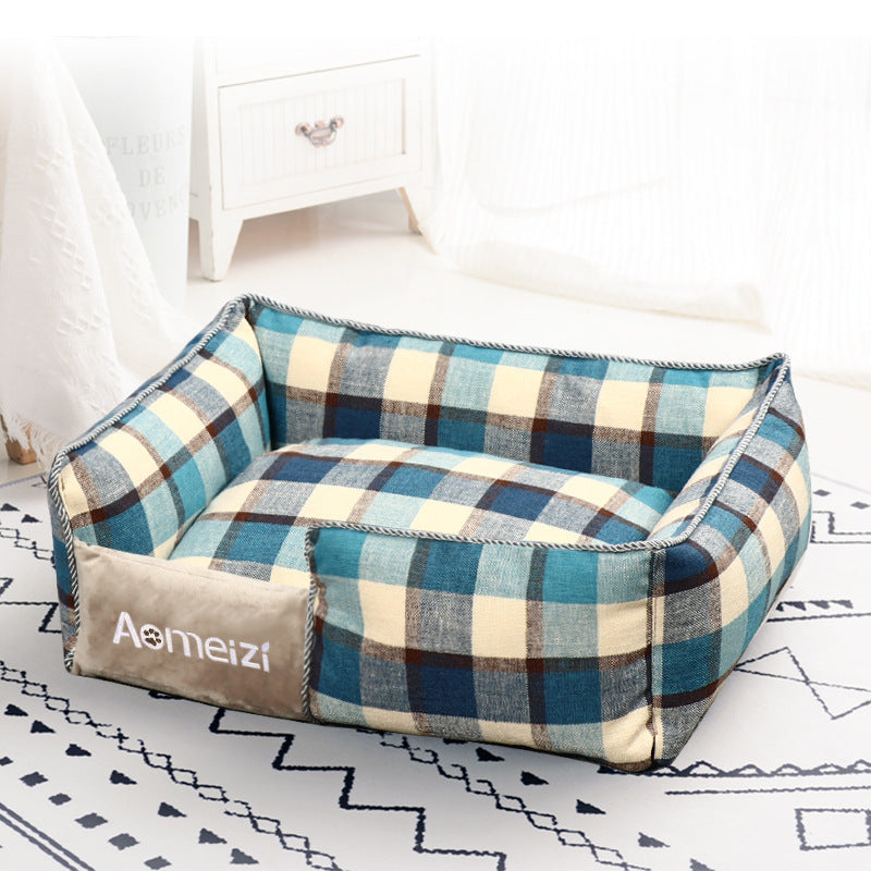 Velvet Plaid Pet Bed | Washable Mat | Blue, Gray & Red | Sizes S–L