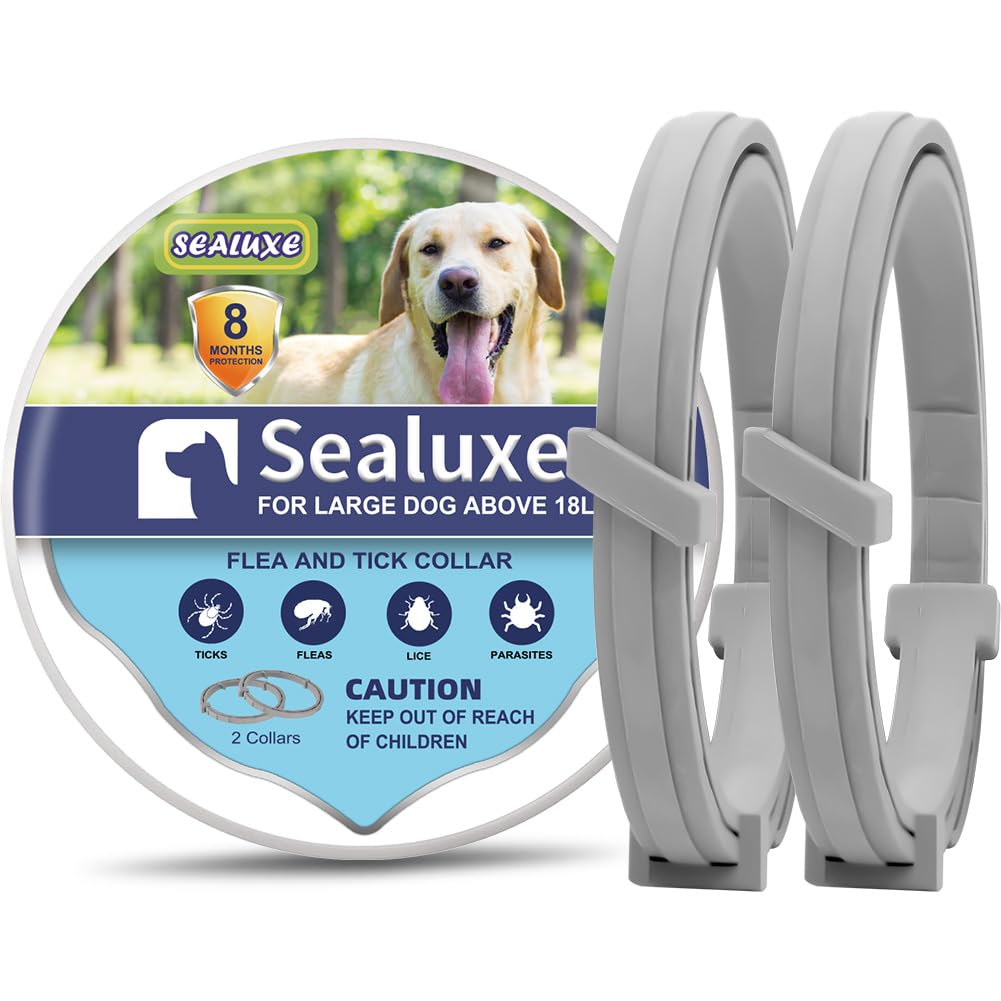 Sealuxe flea and tick collar for large dogs with packaging on a white background