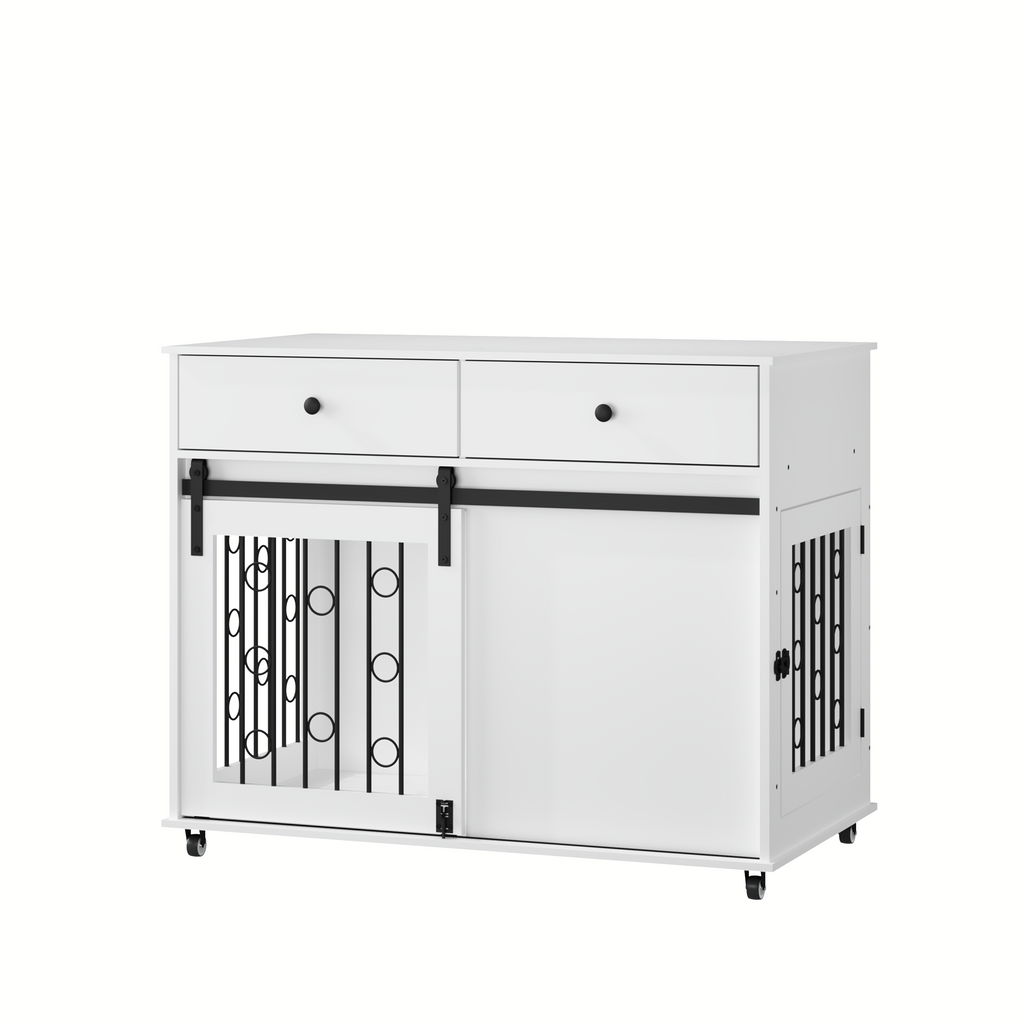 Modern Wooden Dog Crate Furniture with Sliding Barn Door – Indoor Pet Kennel
