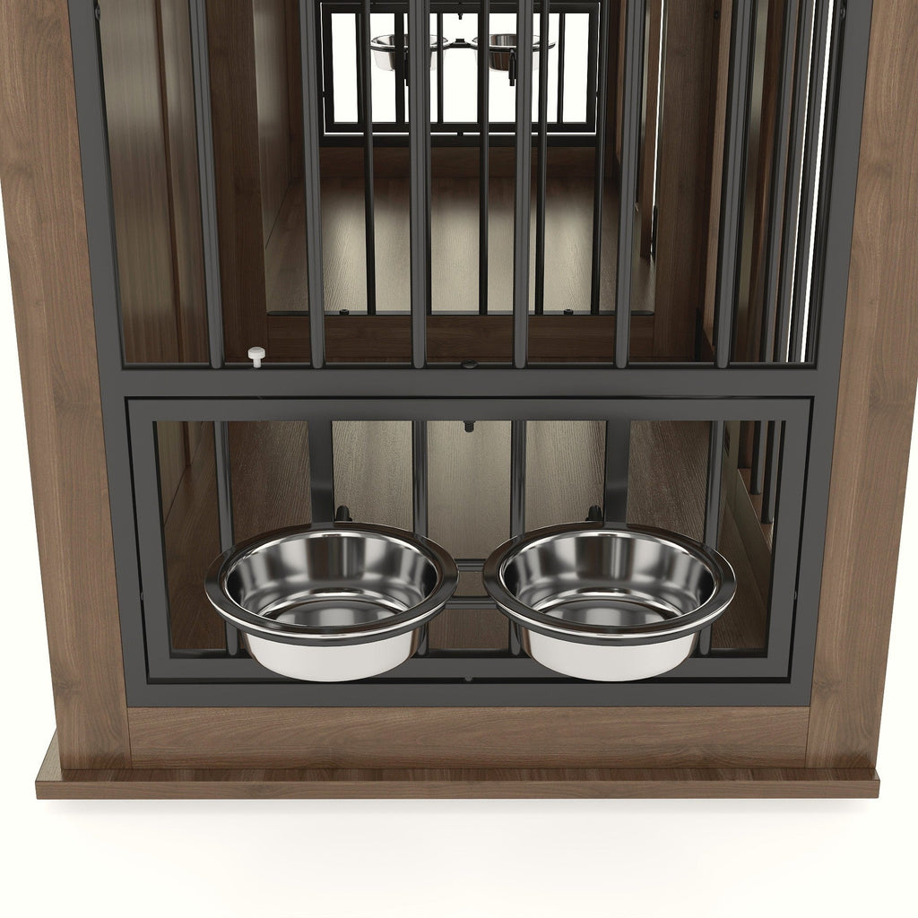 71" Double Dog Crate Furniture with Fluted Drawers, Feeders & Power Station