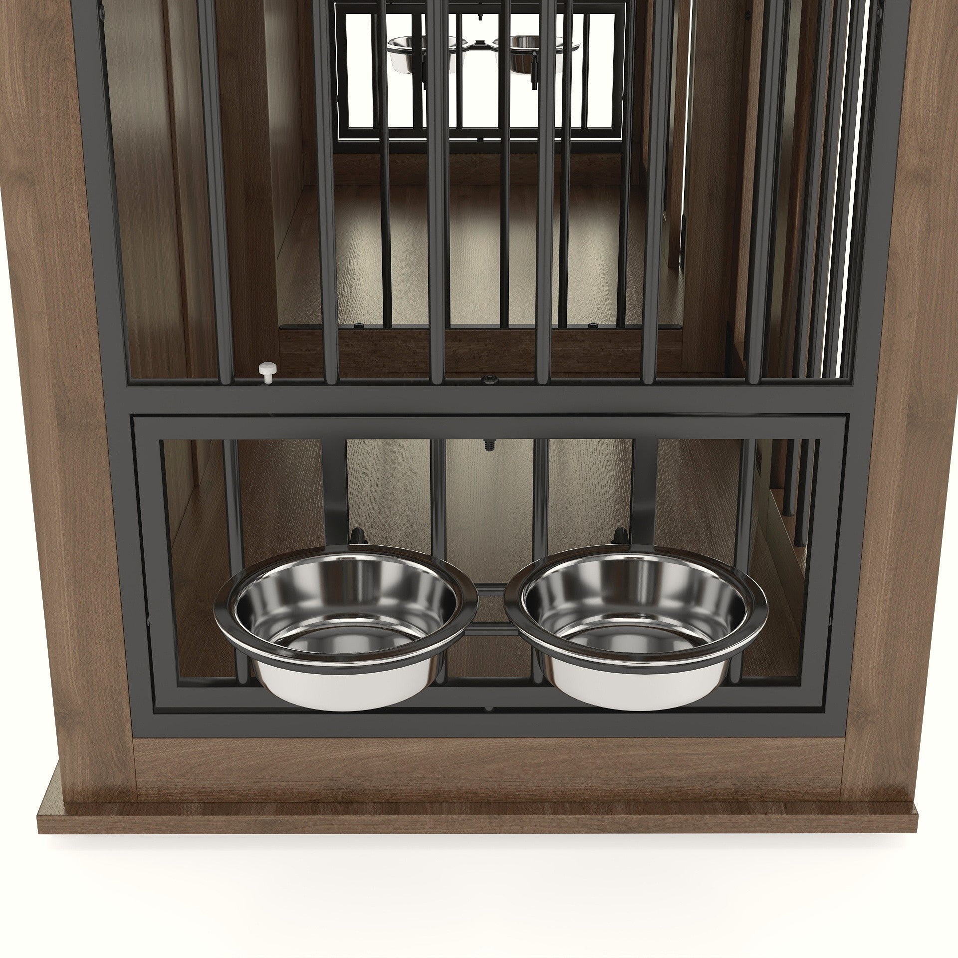 71" Double Dog Crate Furniture with Fluted Drawers, Feeders & Power Station