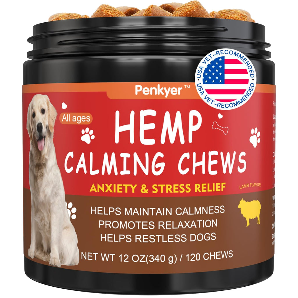Container of Penkyer Hemp Calming Chews for dogs with a red label and black lid.