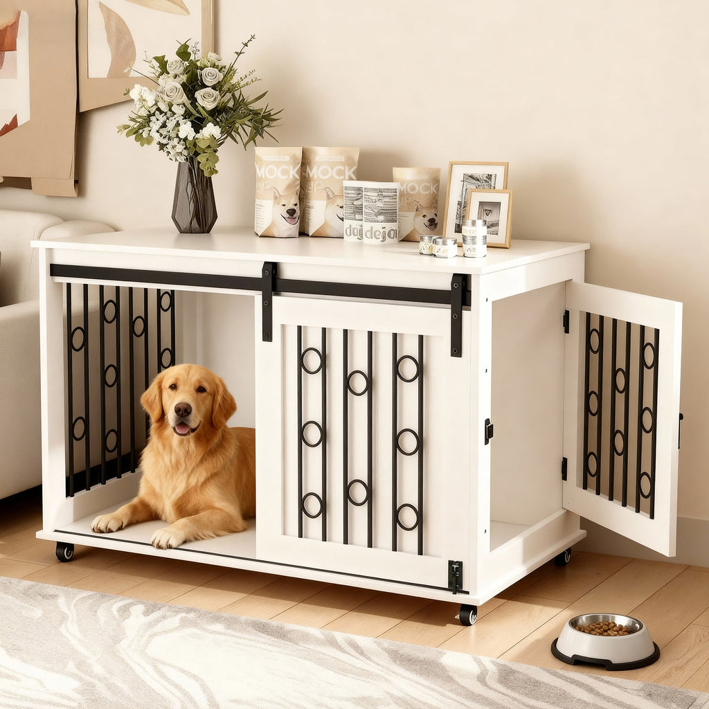 Modern Wooden Dog Crate Furniture with Sliding Barn Door – Indoor Pet Kennel