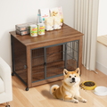 Dog crate with wooden cabinet in a room with a dog and pet supplies.