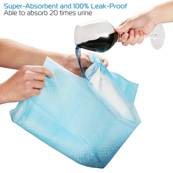 Product demonstrating super-absorbent and leak-proof properties with a blue bag absorbing liquid.