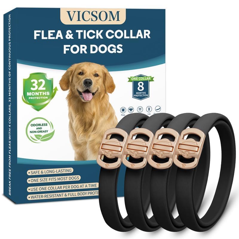 VICSOM flea and tick collar for dogs with packaging and collars displayed.