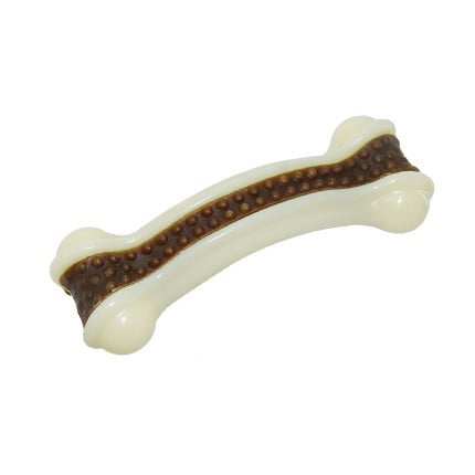 Dog chew toy with brown and white design on a white background