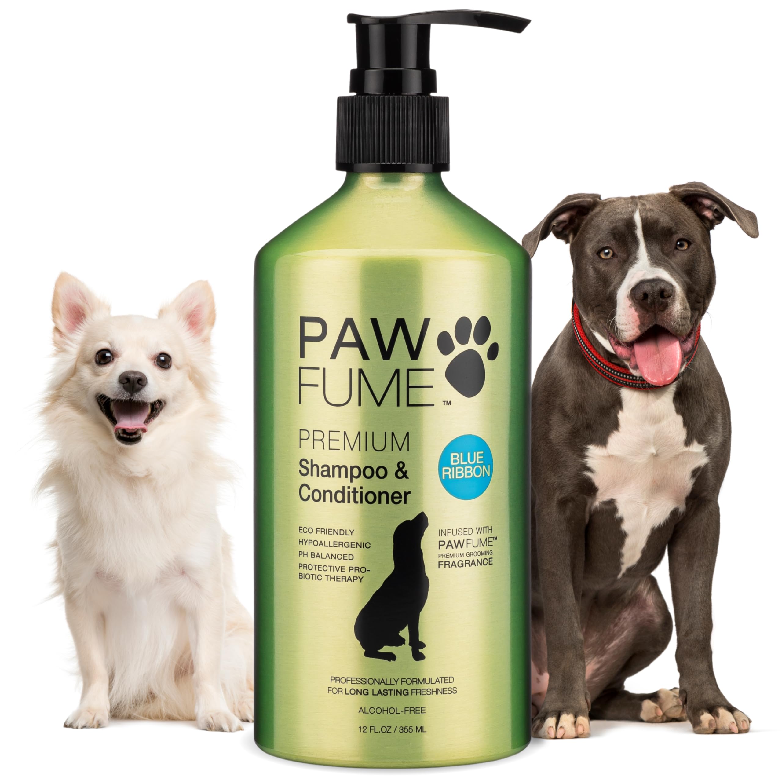 PAW FUM® shampoo and conditioner bottle with two dogs on a white background