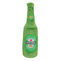 Green plush bottle toy with a label on a white background