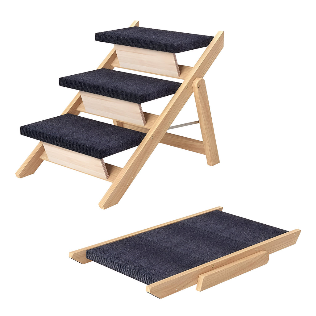 Foldable Wooden Pet Stairs & Ramp – 2-in-1 Dog Steps for Beds, Sofas & Cars