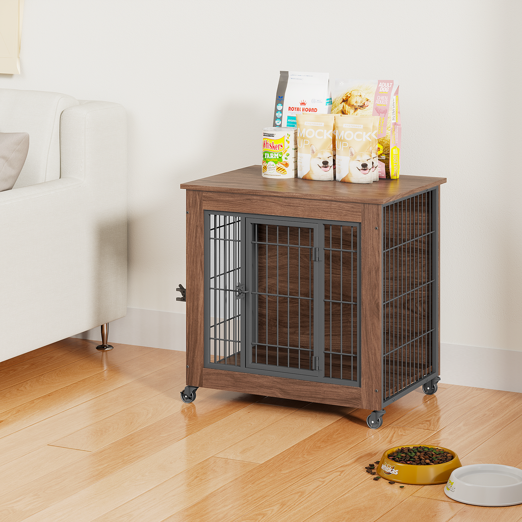 Wooden pet crate with metal bars on a wooden floor in a living room setting.