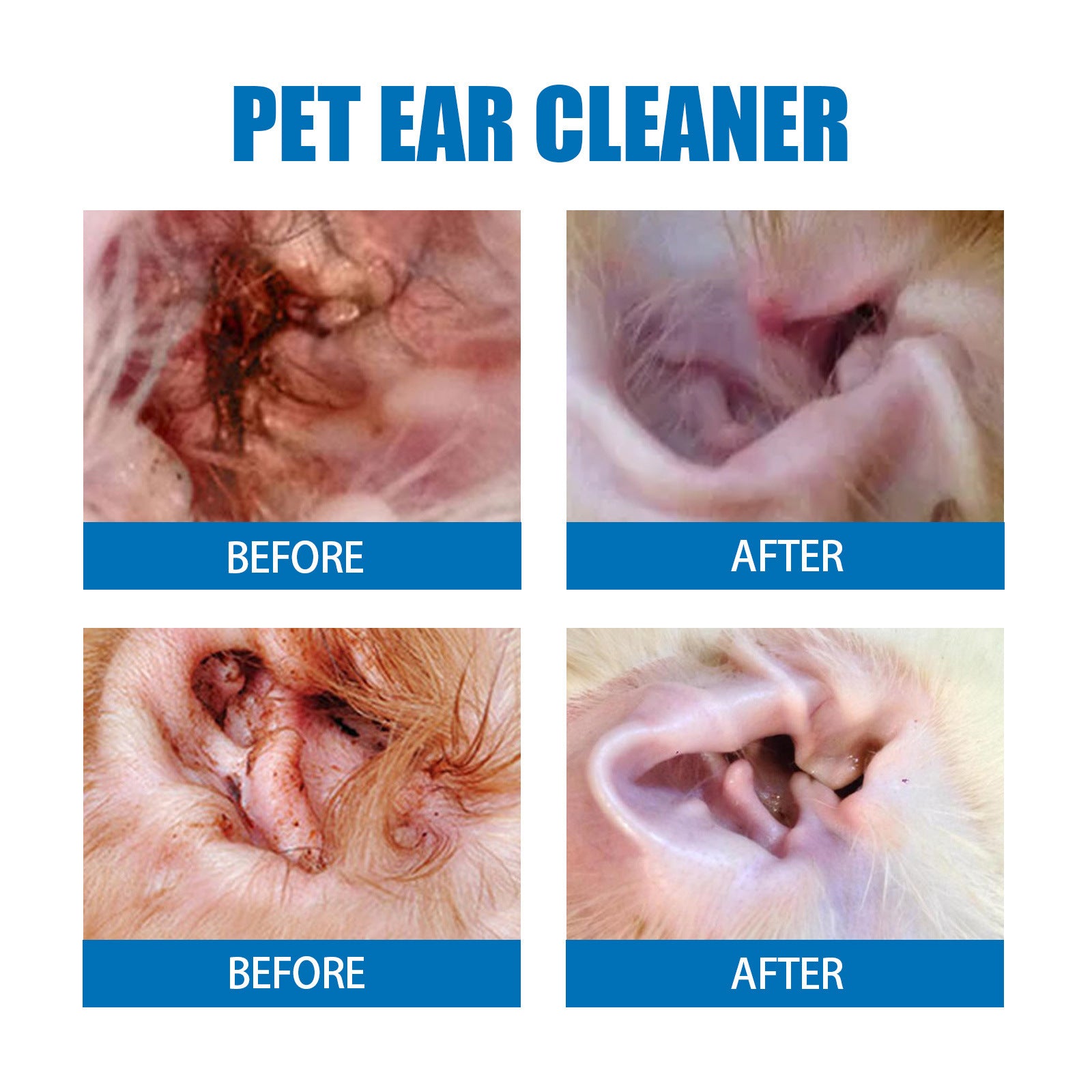 Before and after comparison of pet ear cleaning with text 'Pet Ear Cleaner'.