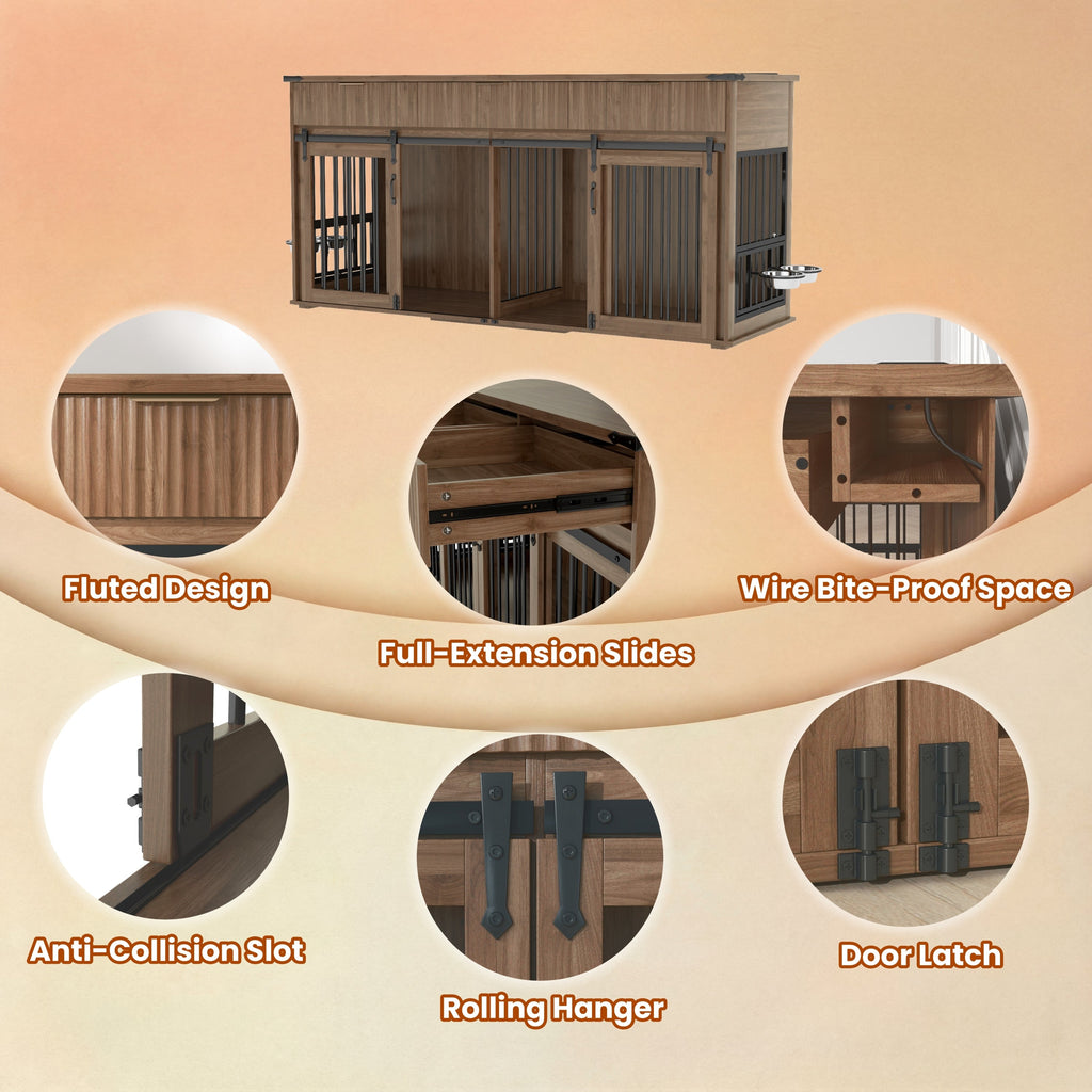 71" Double Dog Crate Furniture with Fluted Drawers, Feeders & Power Station