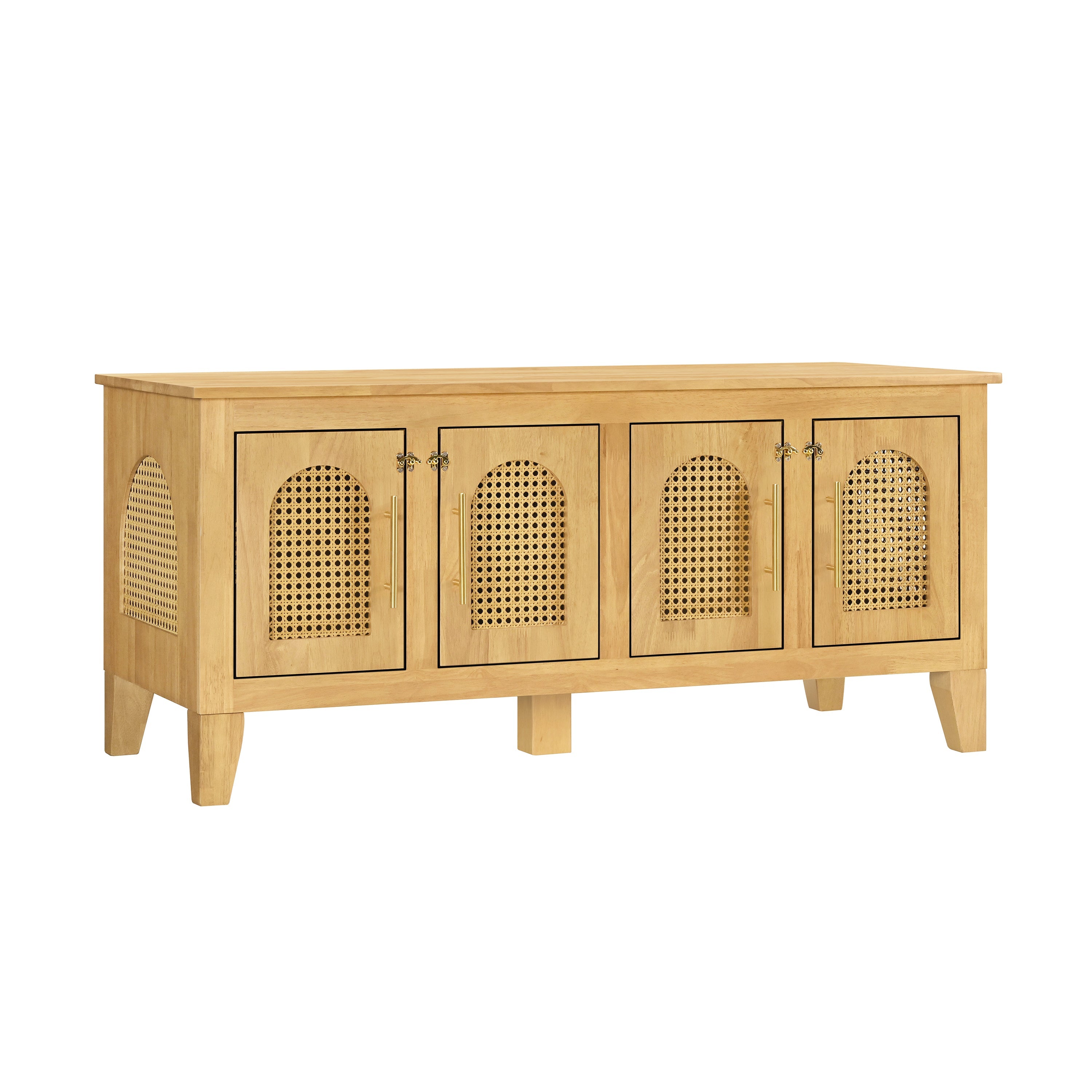 Wooden cabinet with four rattan door panels on a white background