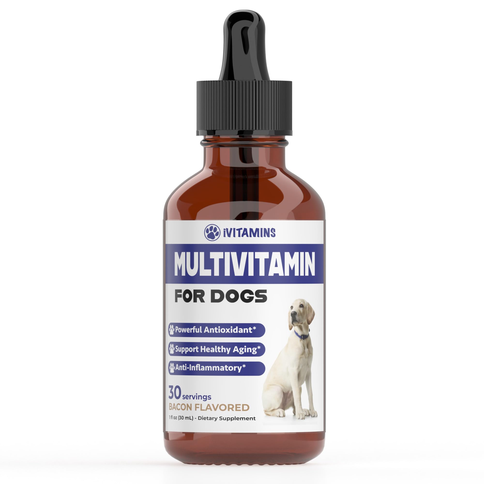 Multivitamin bottle for dogs with a dropper on a white background