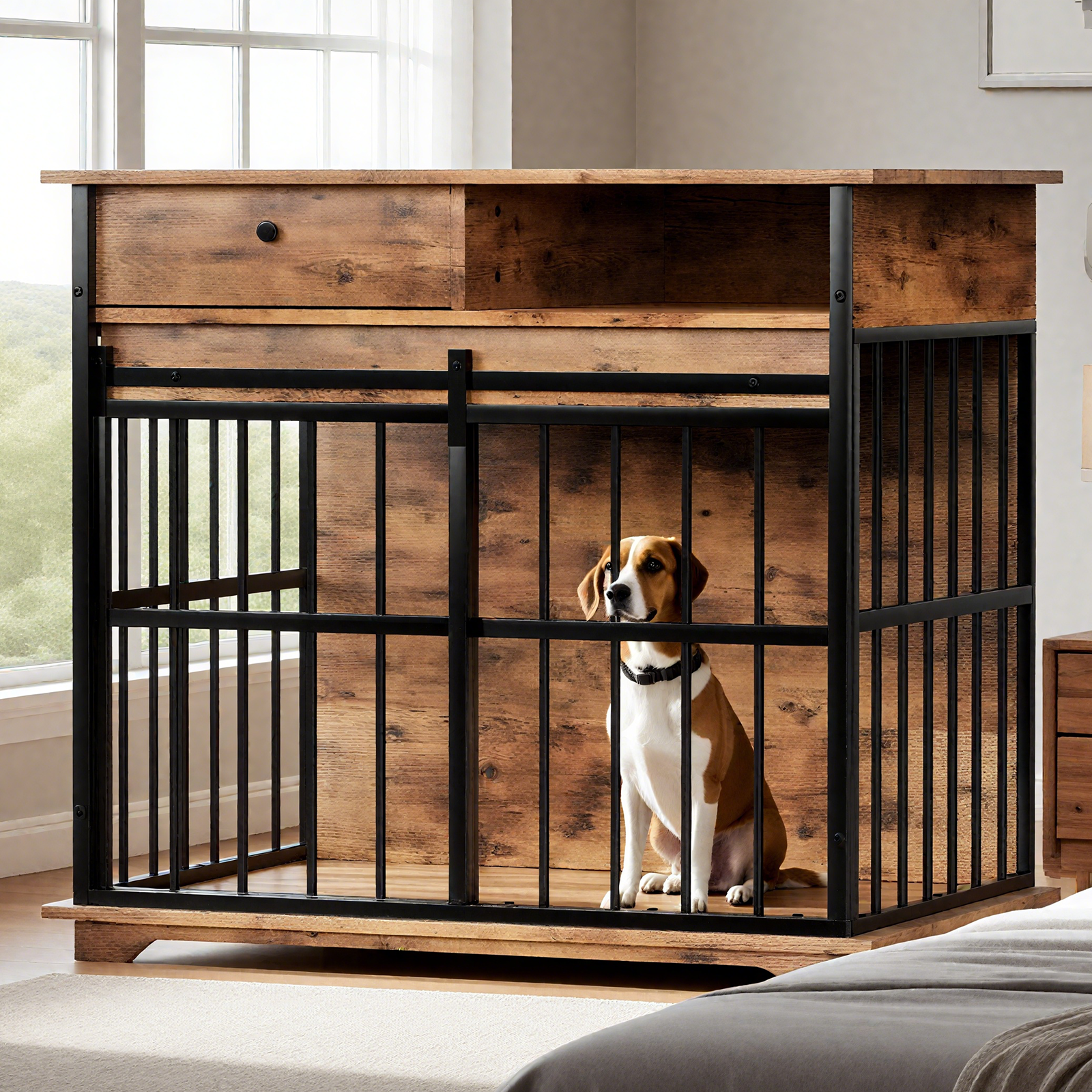 Wooden pet crate with metal bars in a room with a dog inside