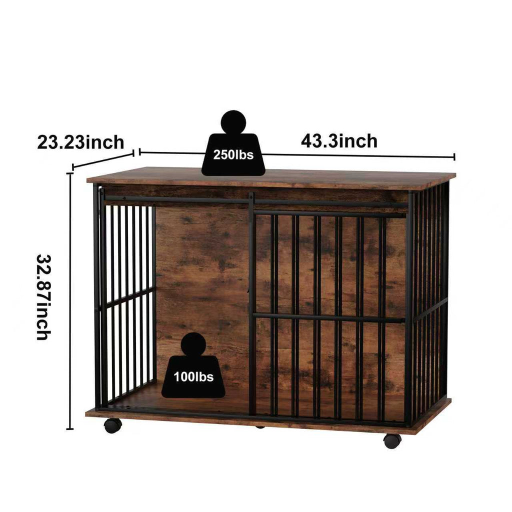 Wooden pet crate with dimensions and weight capacity indicators on a white background