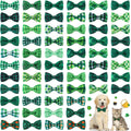 Collection of green plaid bow ties with two pets wearing them.