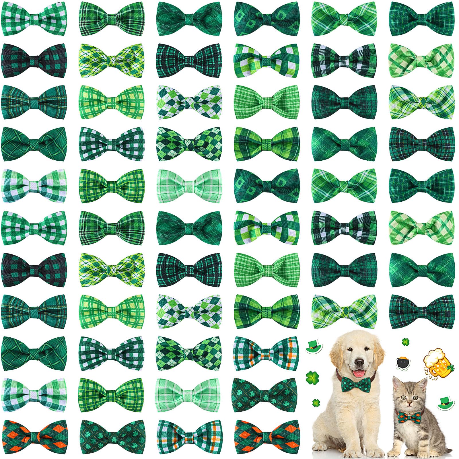 Collection of green plaid bow ties with two pets wearing them.