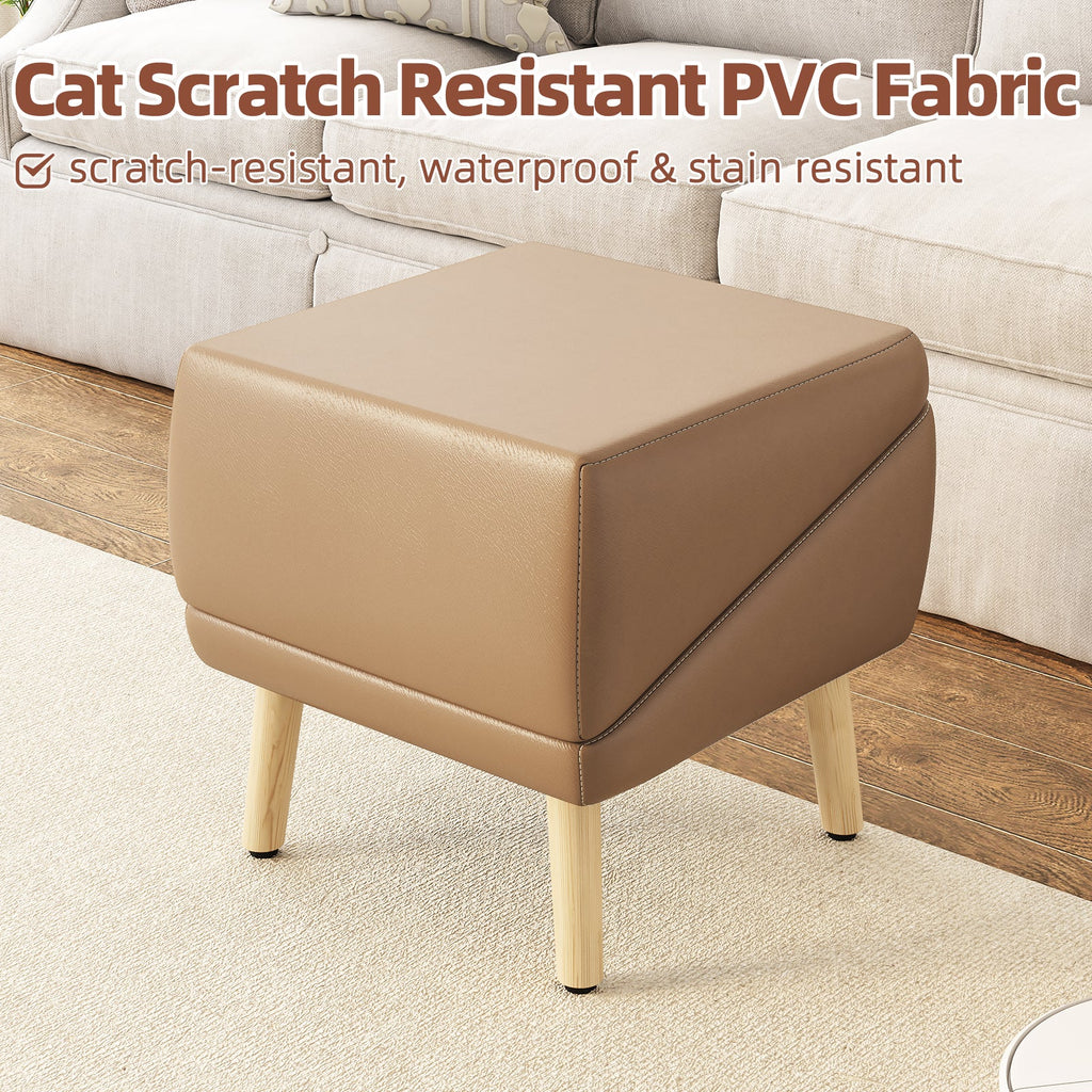 Beige ottoman with text about cat scratch resistant PVC fabric