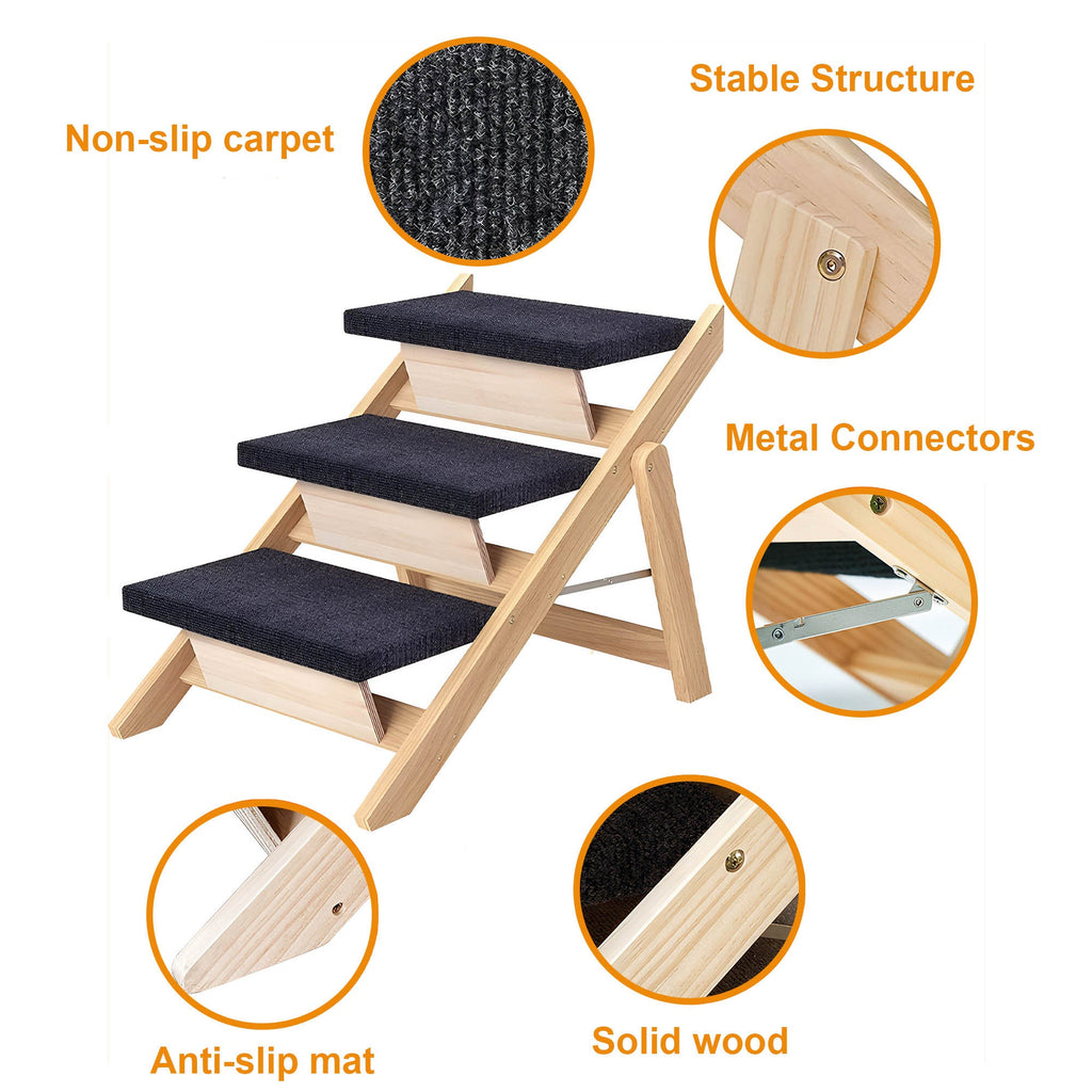 Foldable Wooden Pet Stairs & Ramp – 2-in-1 Dog Steps for Beds, Sofas & Cars