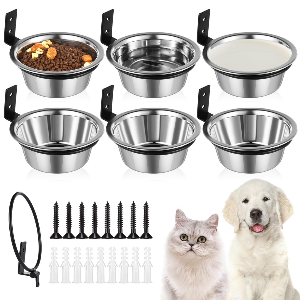 Set of stainless steel pet bowls with mounting hardware, shown with a cat and dog.