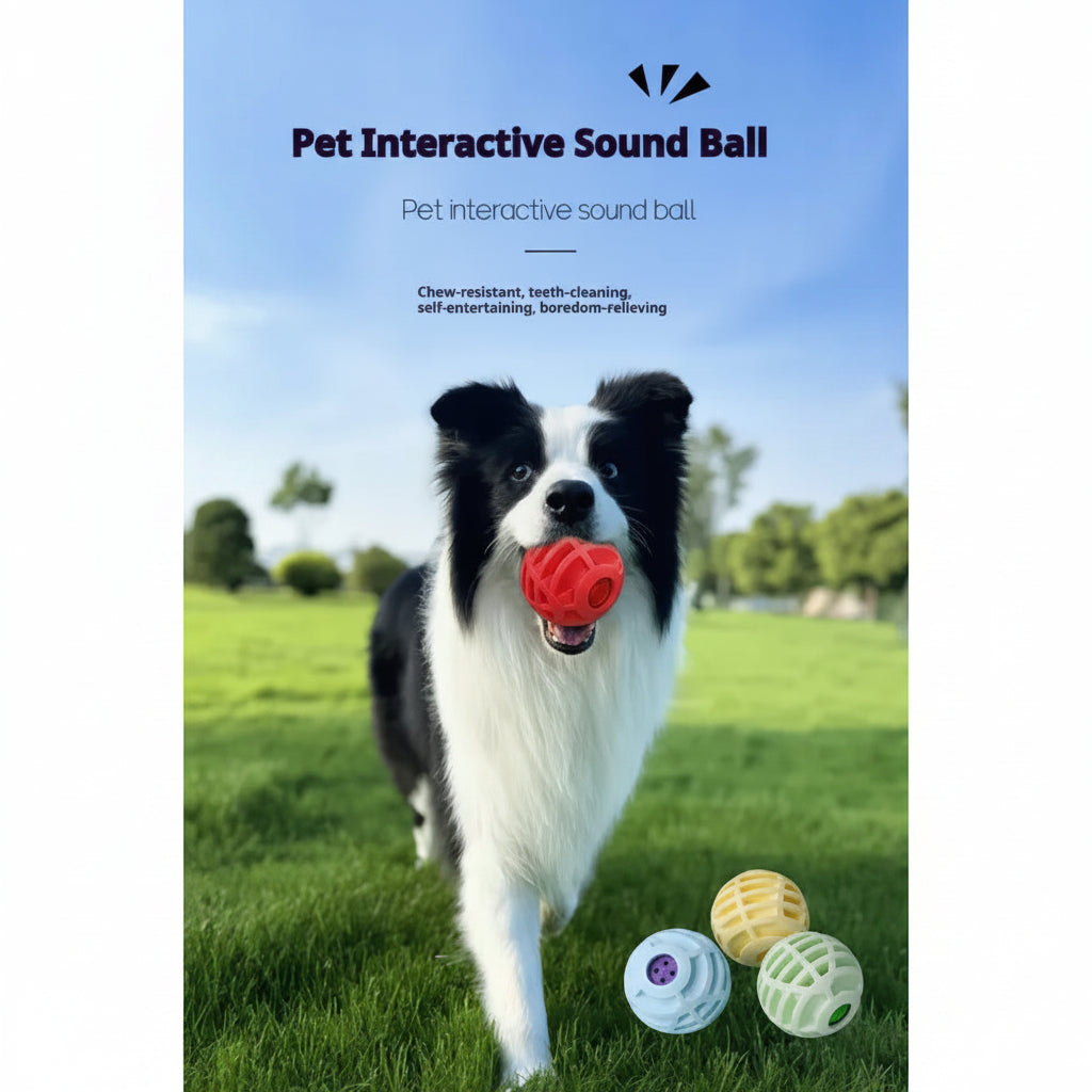Dog playing with a pet interactive sound ball in a grassy field