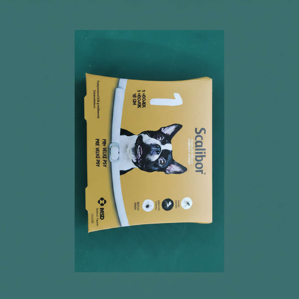 Scalibor flea and tick treatment packaging for dogs on a green background