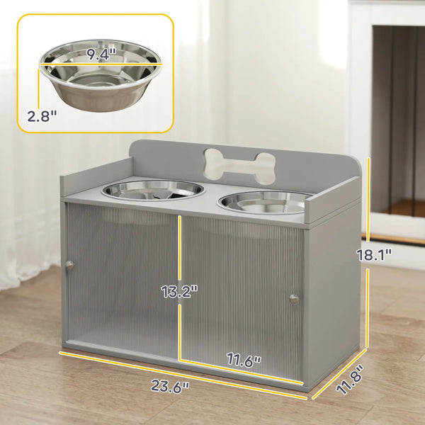 Gray pet feeding station with stainless steel bowls and measurements on a wooden floor.