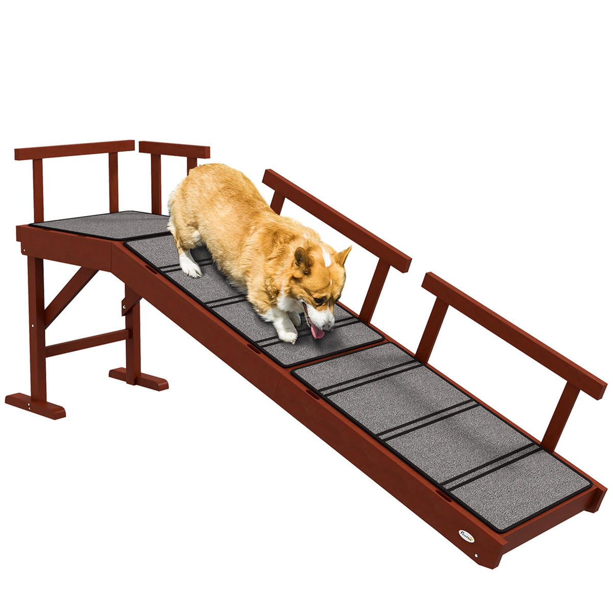 PawHut Pine Wood Dog Ramp with Removable Guardrails — 20° Slope, Non-Slip Carpet, 60" Long (Brown)