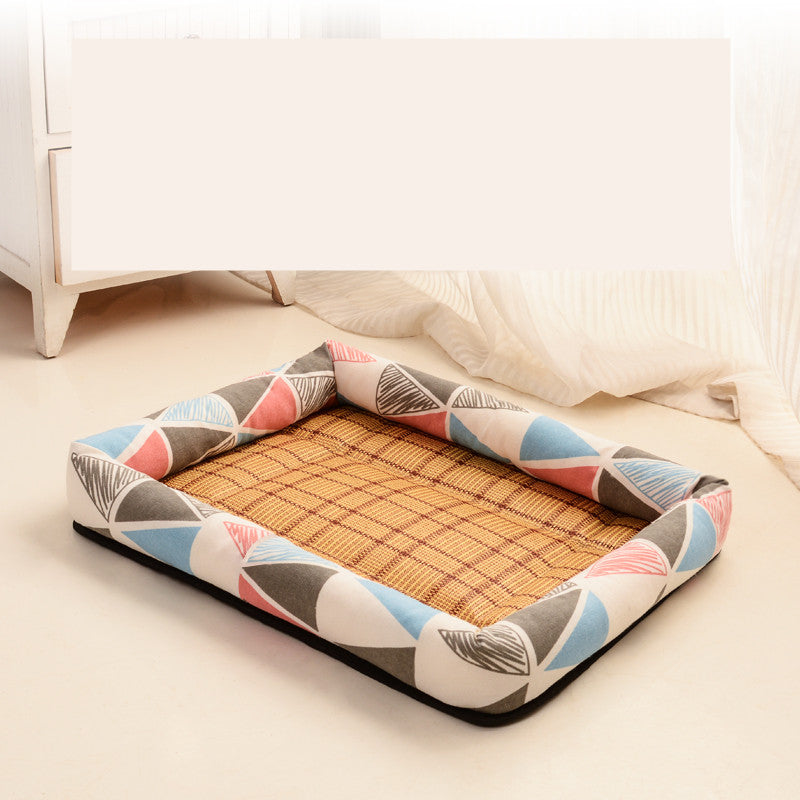 Pet bed with geometric pattern on a light-colored floor