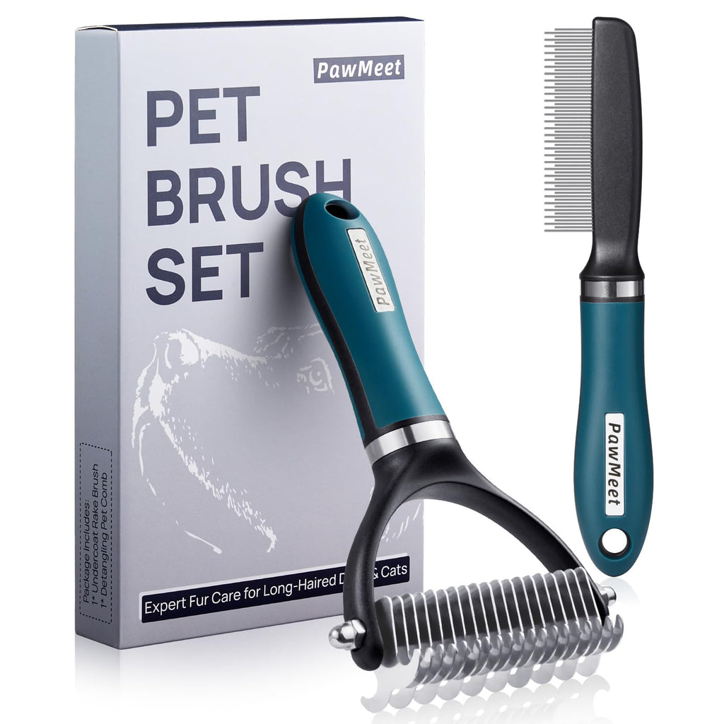 PawMeet 2-in-1 Undercoat Rake & Comb Combo — Dematting, De-shedding, Up to 95% Less Shedding (Blue)