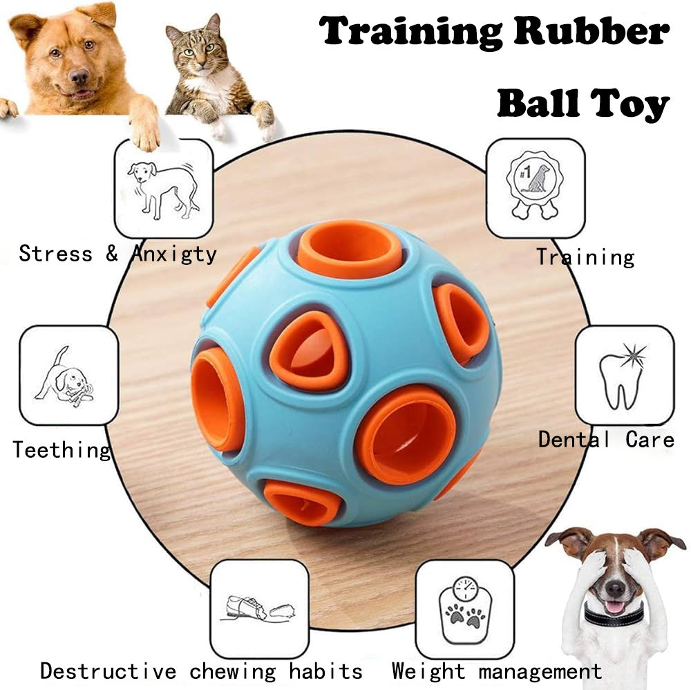 Blue and orange training rubber ball toy for pets on a wooden background with icons indicating its uses.