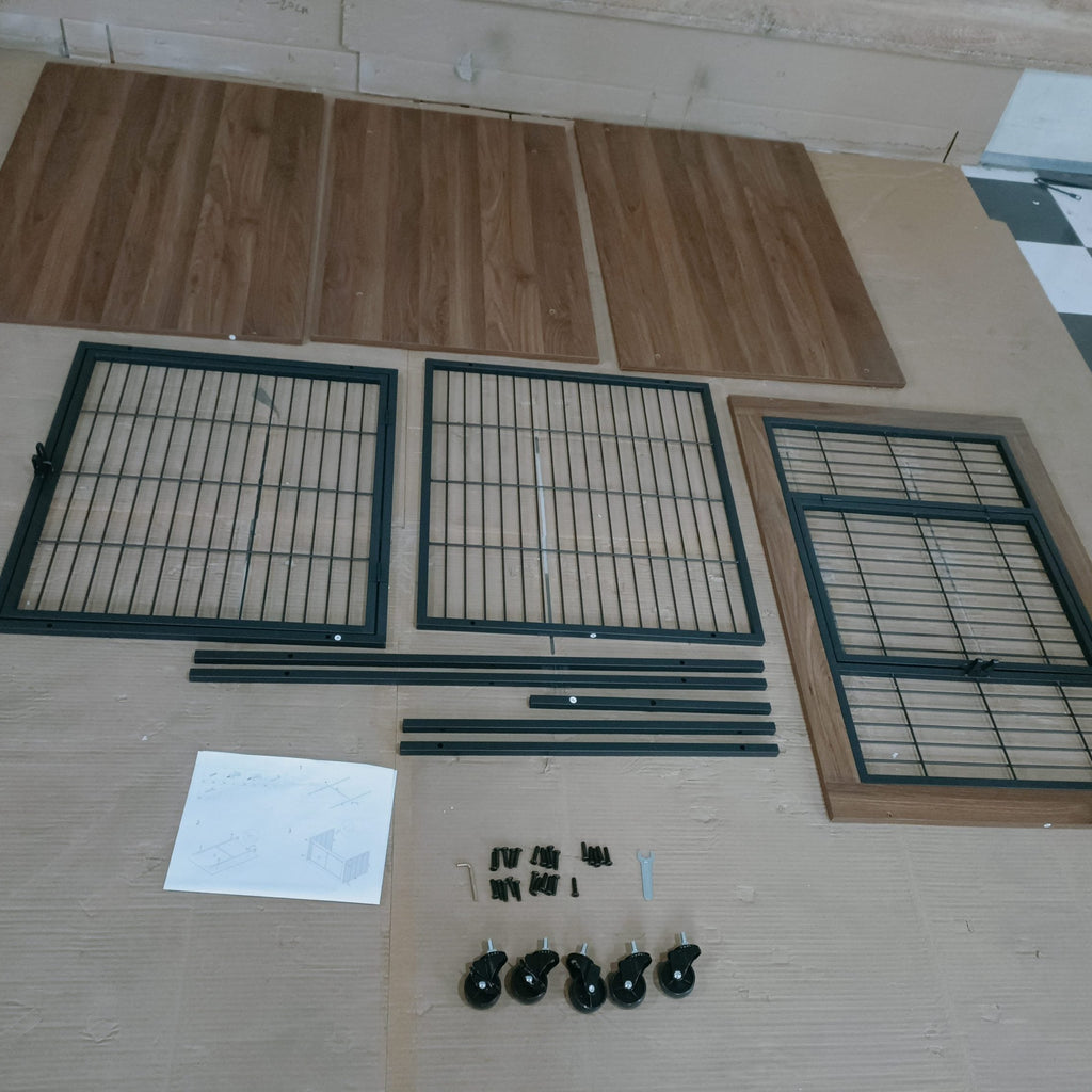 Wooden and metal grid components on a tiled floor