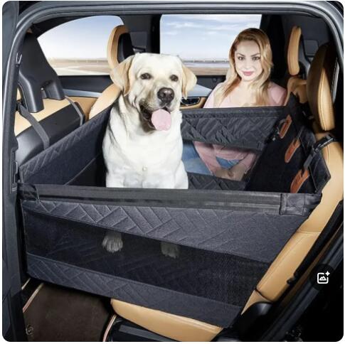 Dog sitting in a car with a pet barrier between the front and back seats.