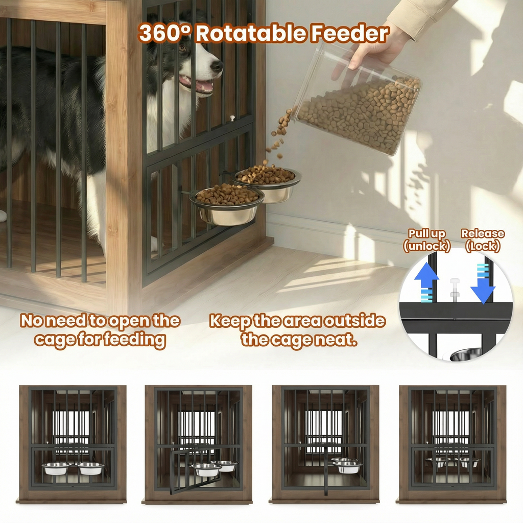 71" Double Dog Crate Furniture with Fluted Drawers, Feeders & Power Station