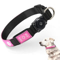 Black and pink dog collar with a control button, featuring a dog wearing the collar.