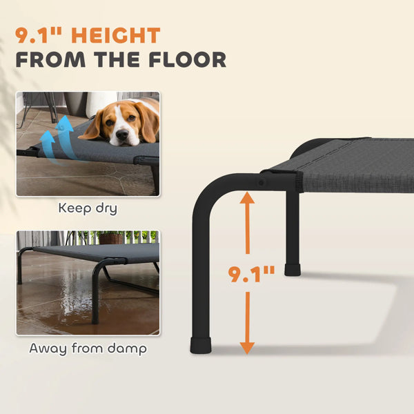 Pet bed with height measurement from the floor and examples of keeping dry and being away from damp.
