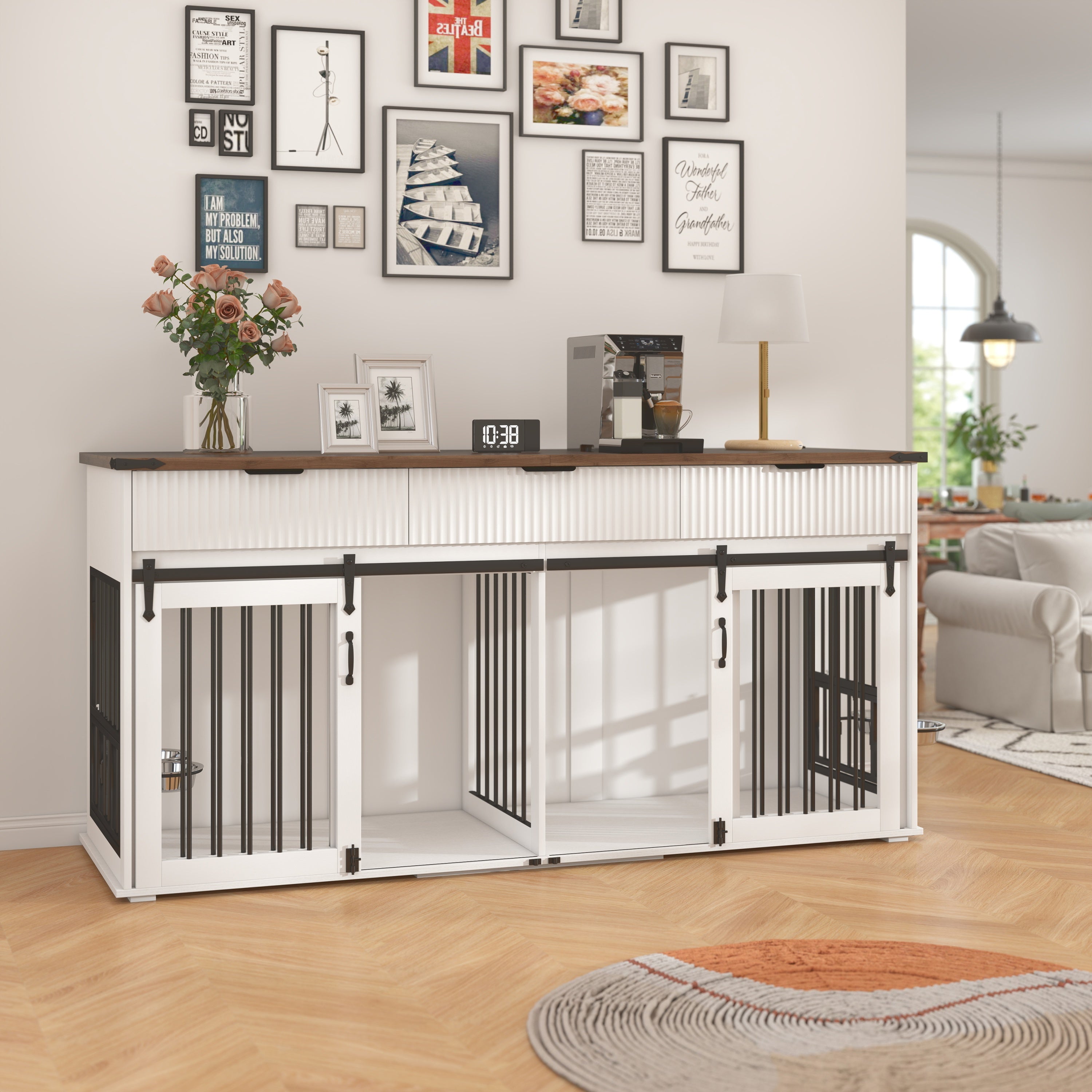 71" Double Dog Crate Furniture with Fluted Drawers, Feeders & Power Station