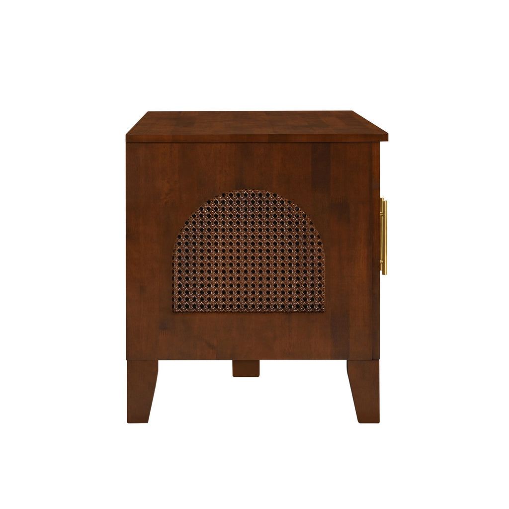 Wooden side table with a decorative grille on a white background