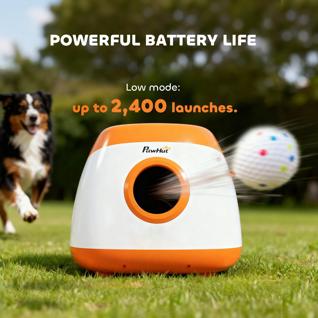 PawHut dog toy launcher on grass with a dog and ball in the background, featuring text about battery life.