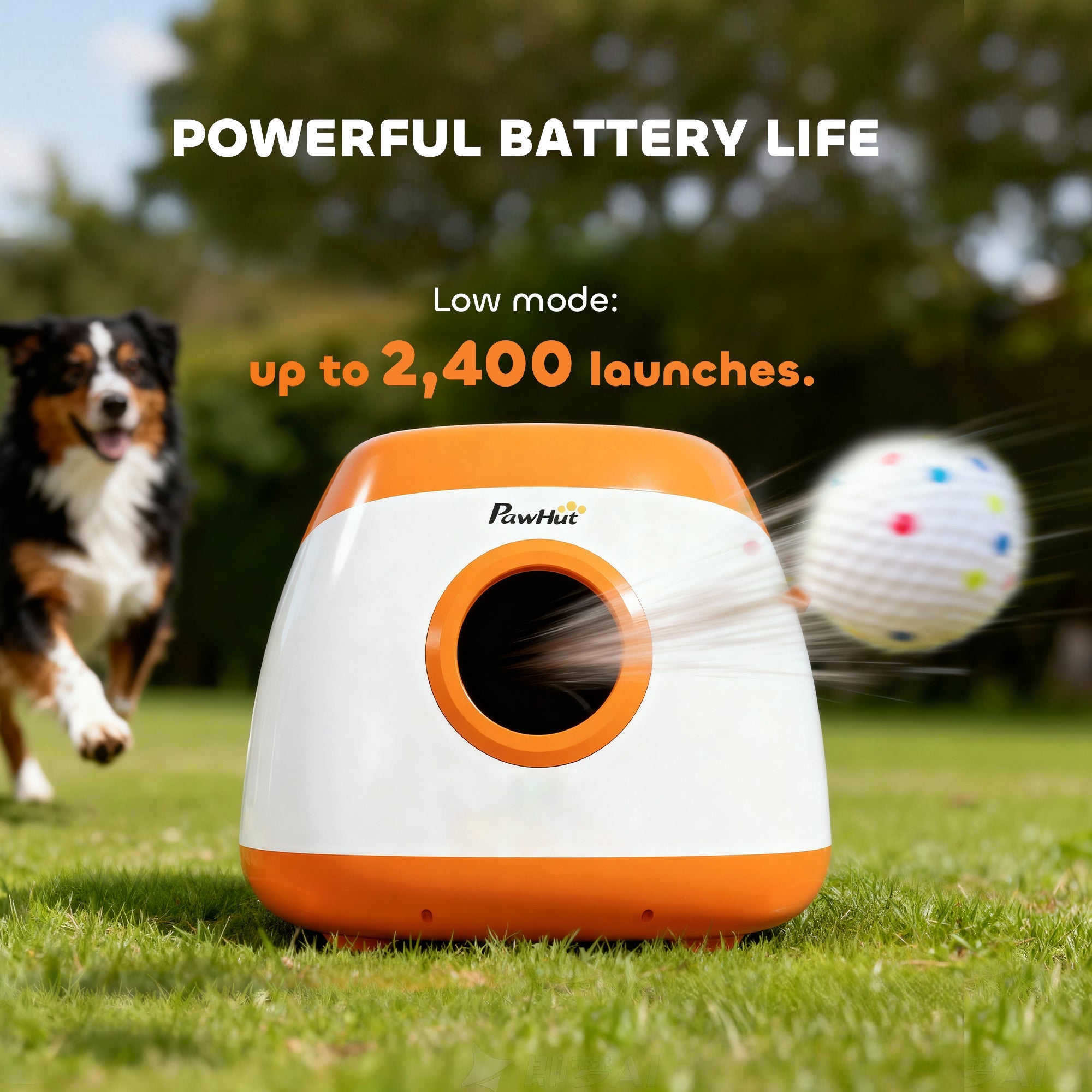 PawHut dog toy launcher on grass with a dog and ball in the background, featuring text about battery life.