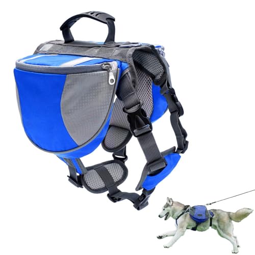 Blue and gray dog backpack with a dog wearing it on a white background