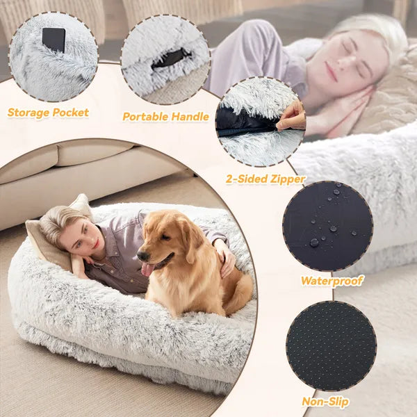 Dog bed with features highlighted, including storage pocket, portable handle, 2-sided zipper, waterproof material, and non-slip bottom.