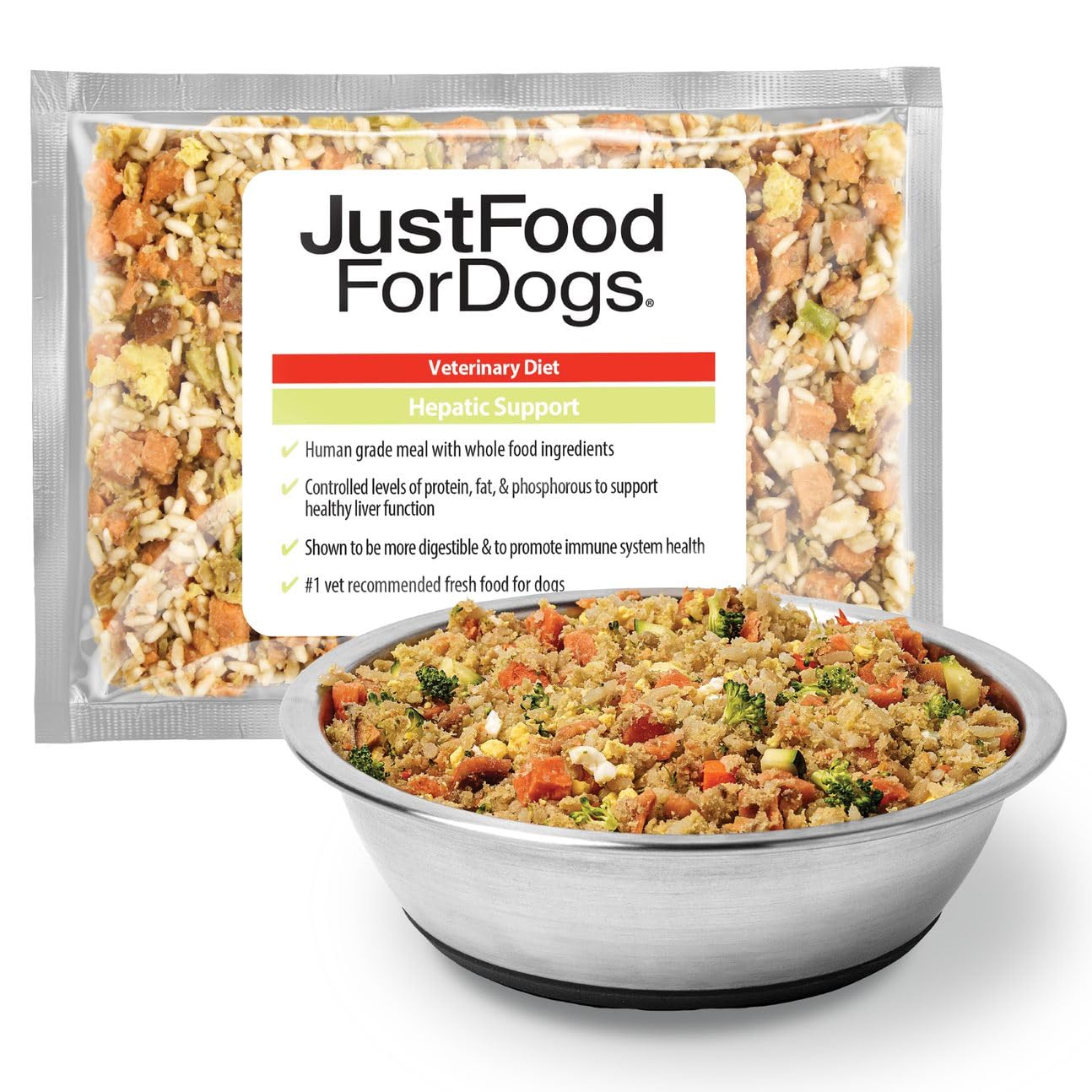 JustFoodForDogs veterinary dietary hepatic support dog food package with a bowl of food in front.