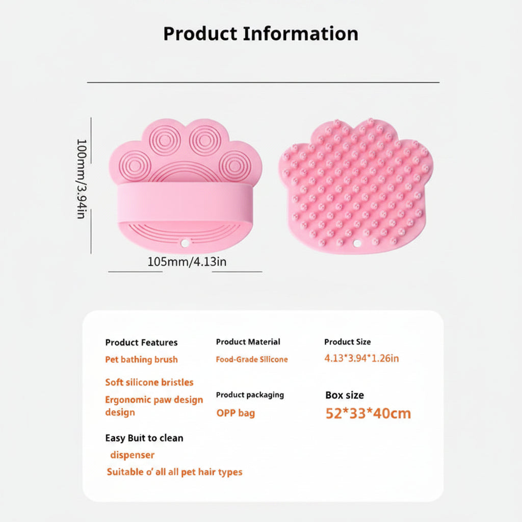 Product information of a pink pet bathing brush with dimensions and material details.